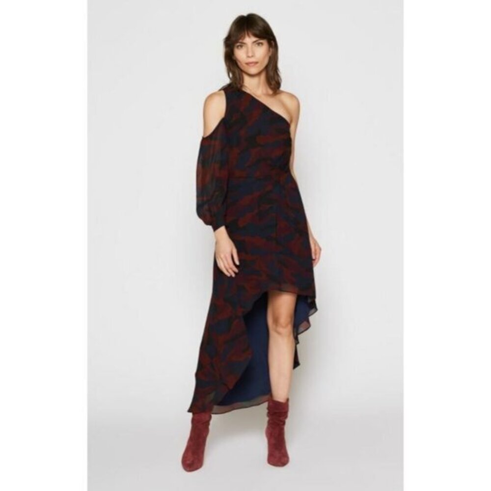 Joie Sala Asymmetrical Silk Dress Camo Print High Low One Shoulder Sz 6 NWT